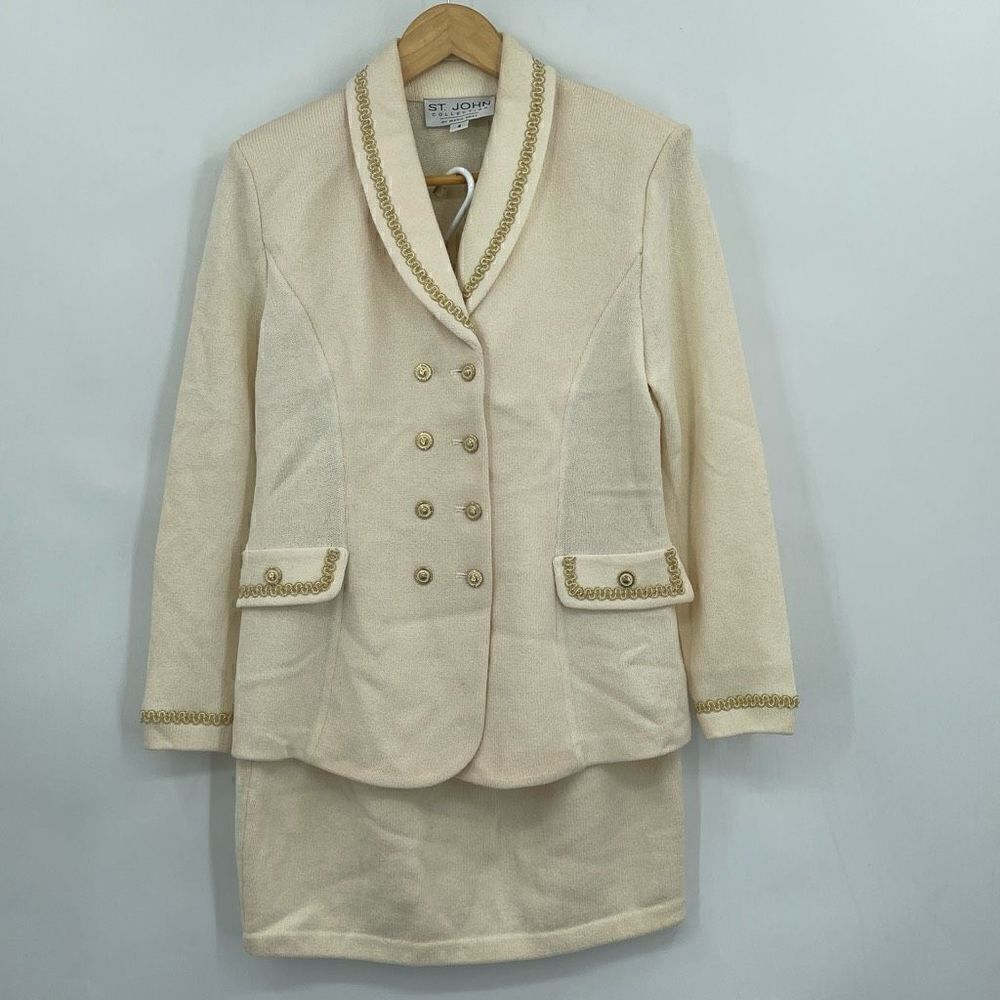 St John Collection Cream Santana Knitted Tweed Suit Set Blazer Skirt Size Small